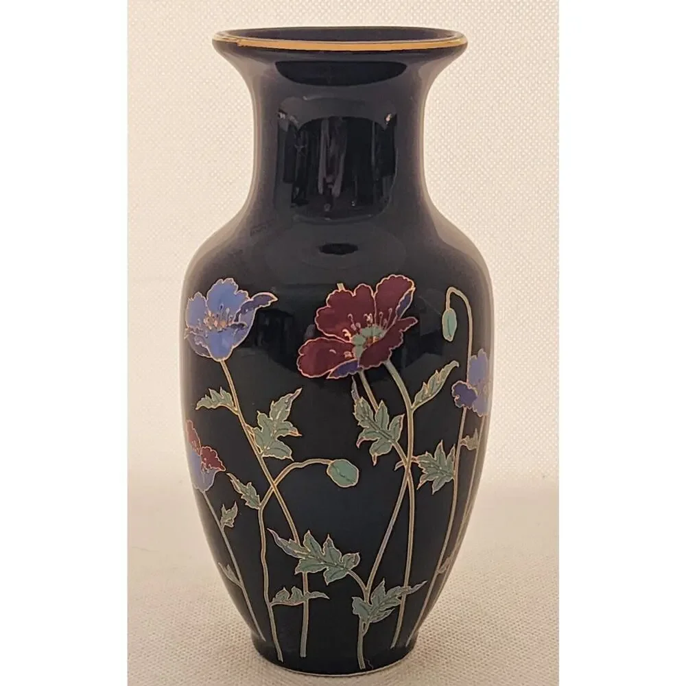 Japanese Black Floral Vase Gold Trim Poppy Design 6